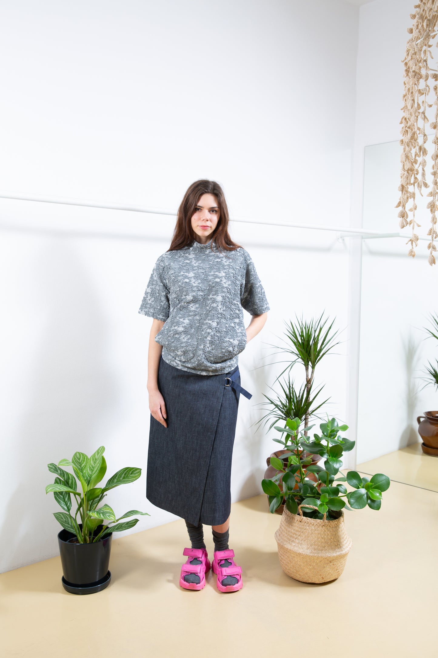Half Pleated Denim Skirt