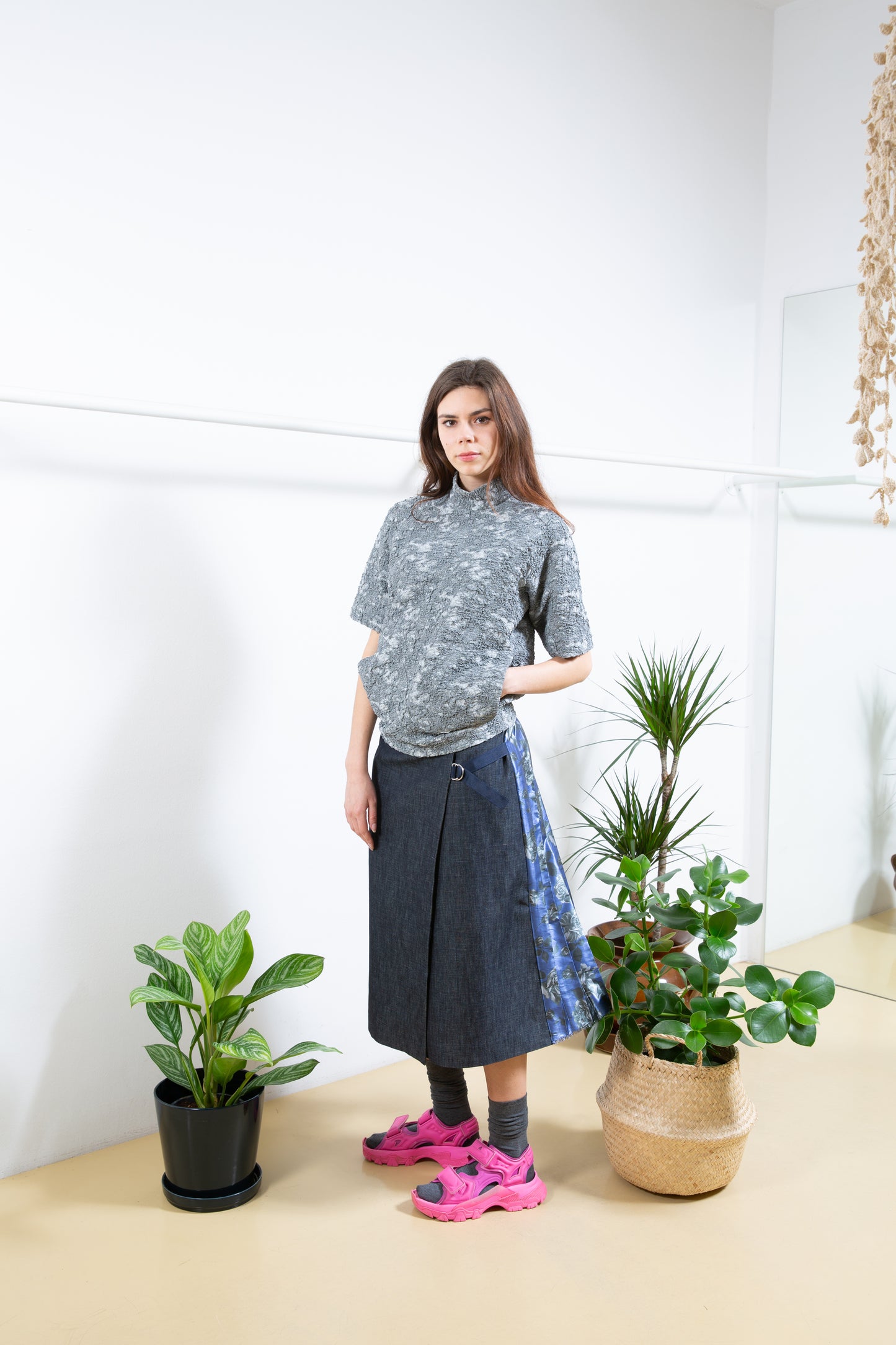 Half Pleated Denim Skirt