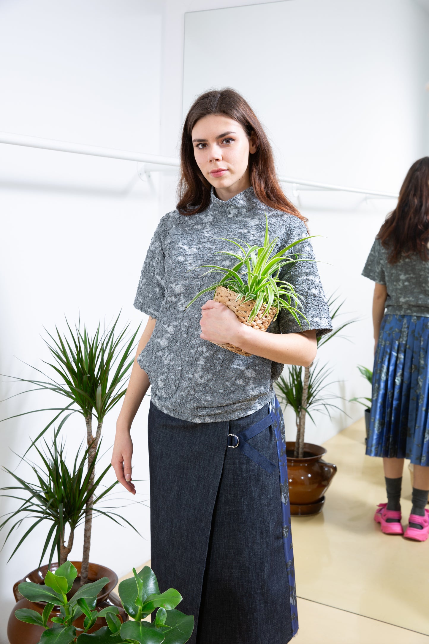 Half Pleated Denim Skirt