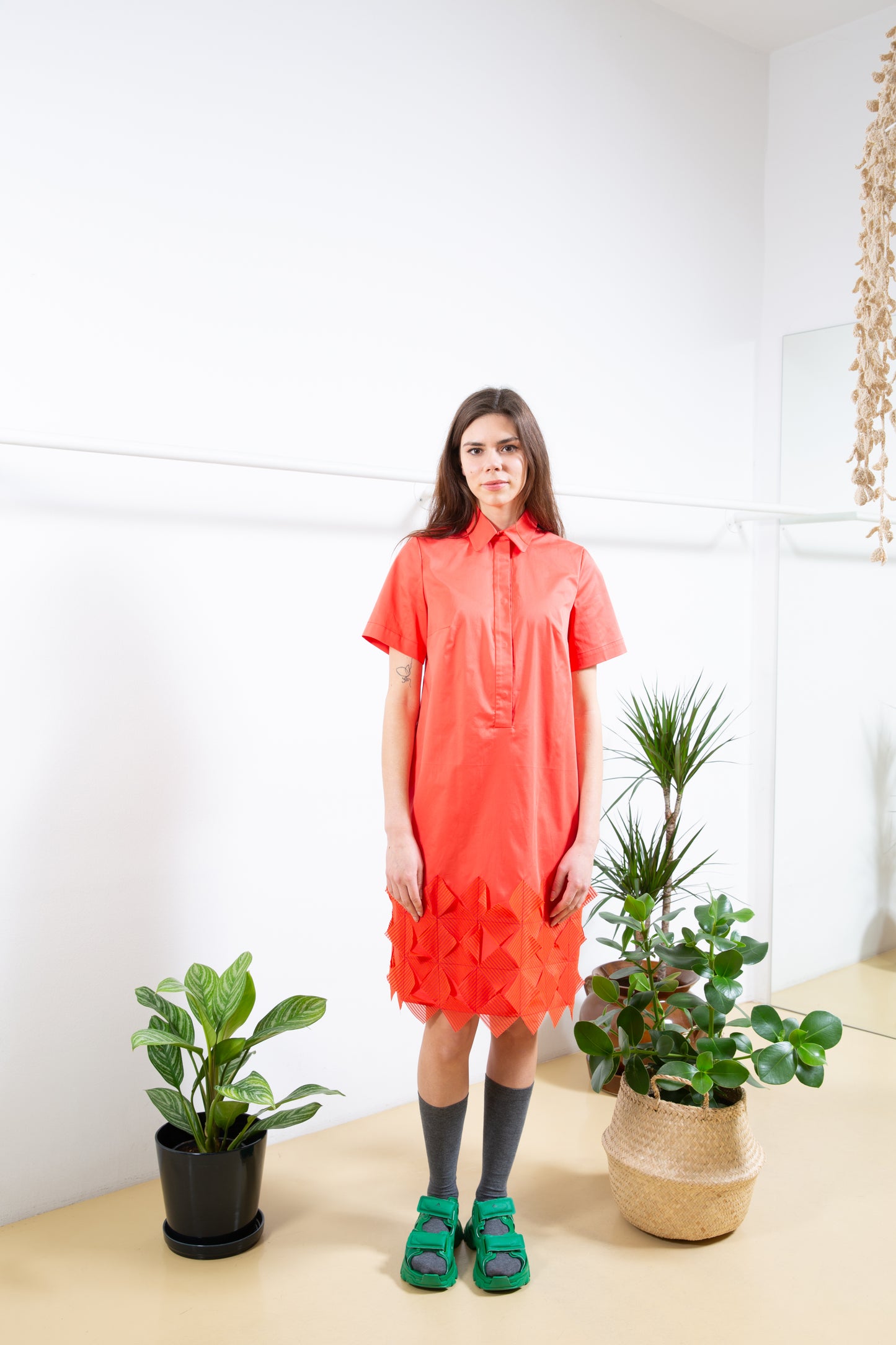 Orange Shirt Dress with Bottom Laser-cut Applique