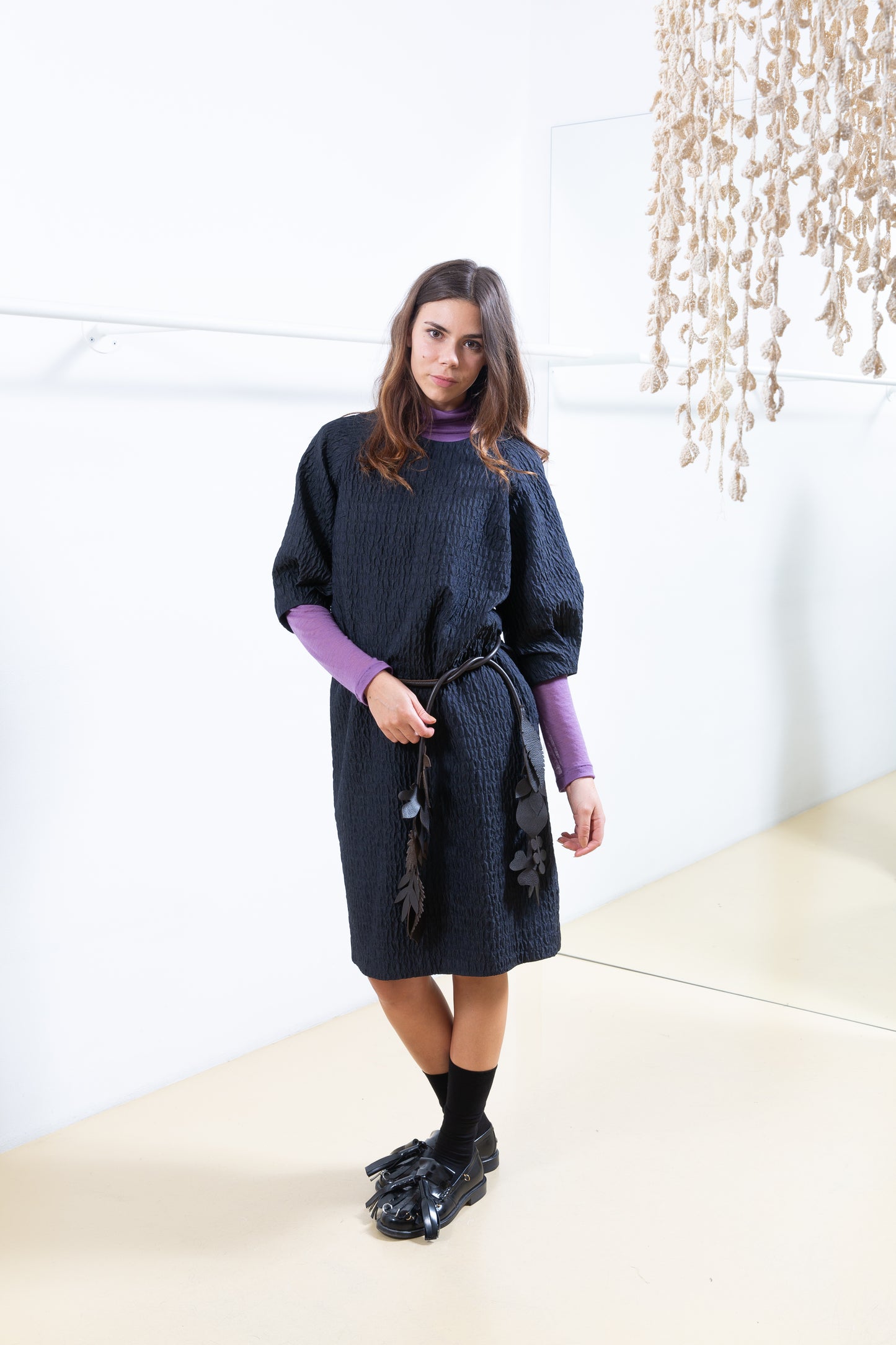 Black Textured Dress with Bubble Sleeves