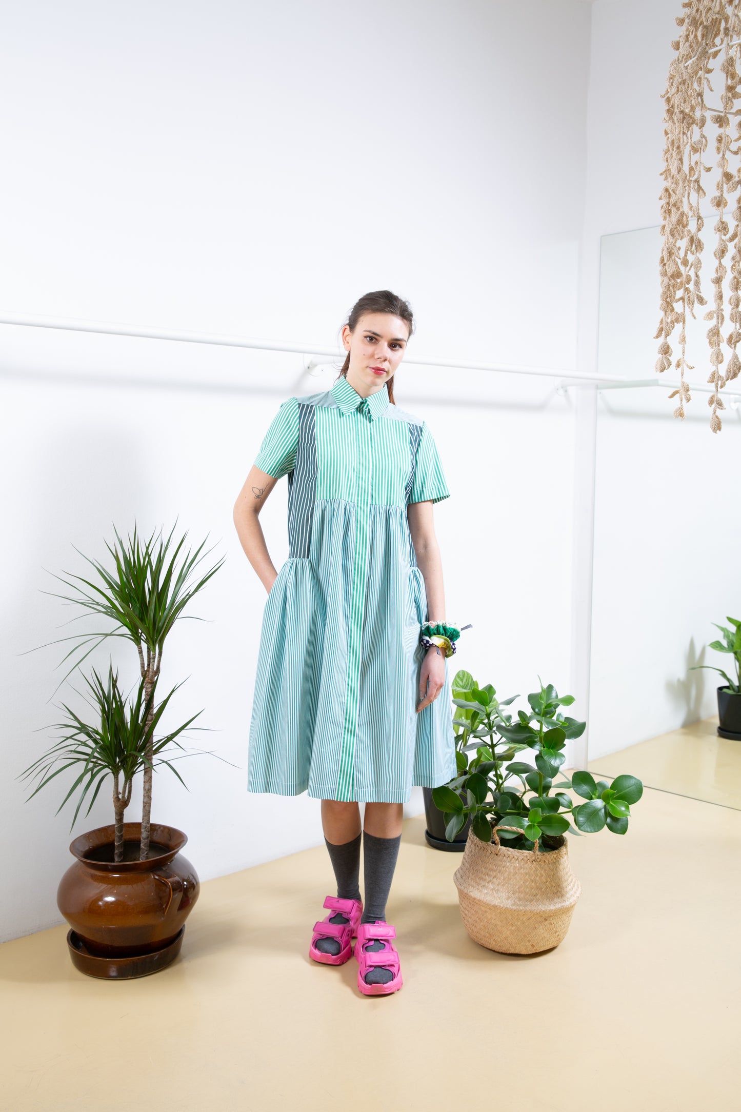 Green Striped Shirt Dress