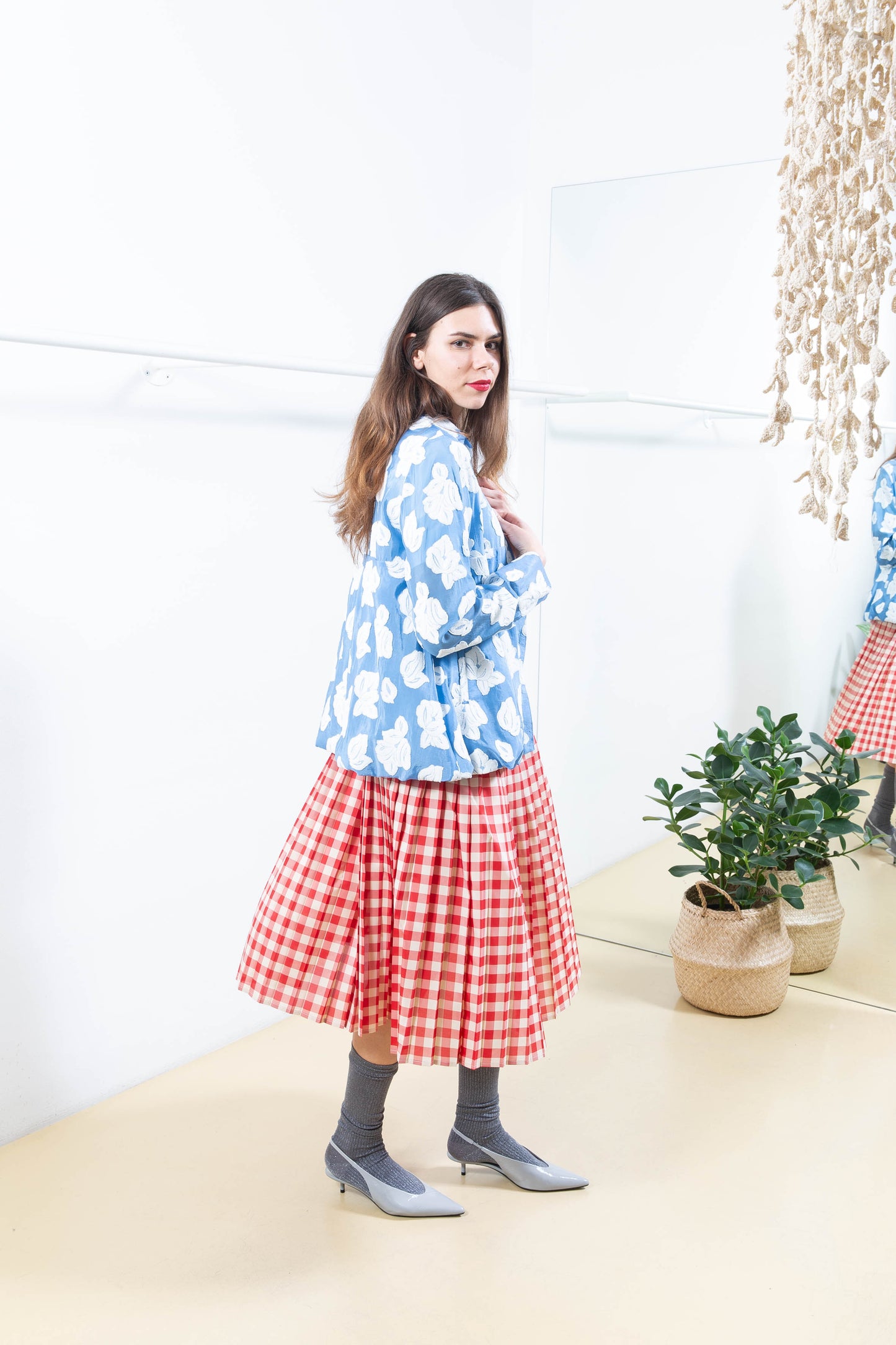 Red and White Gingham Pleated Skirt