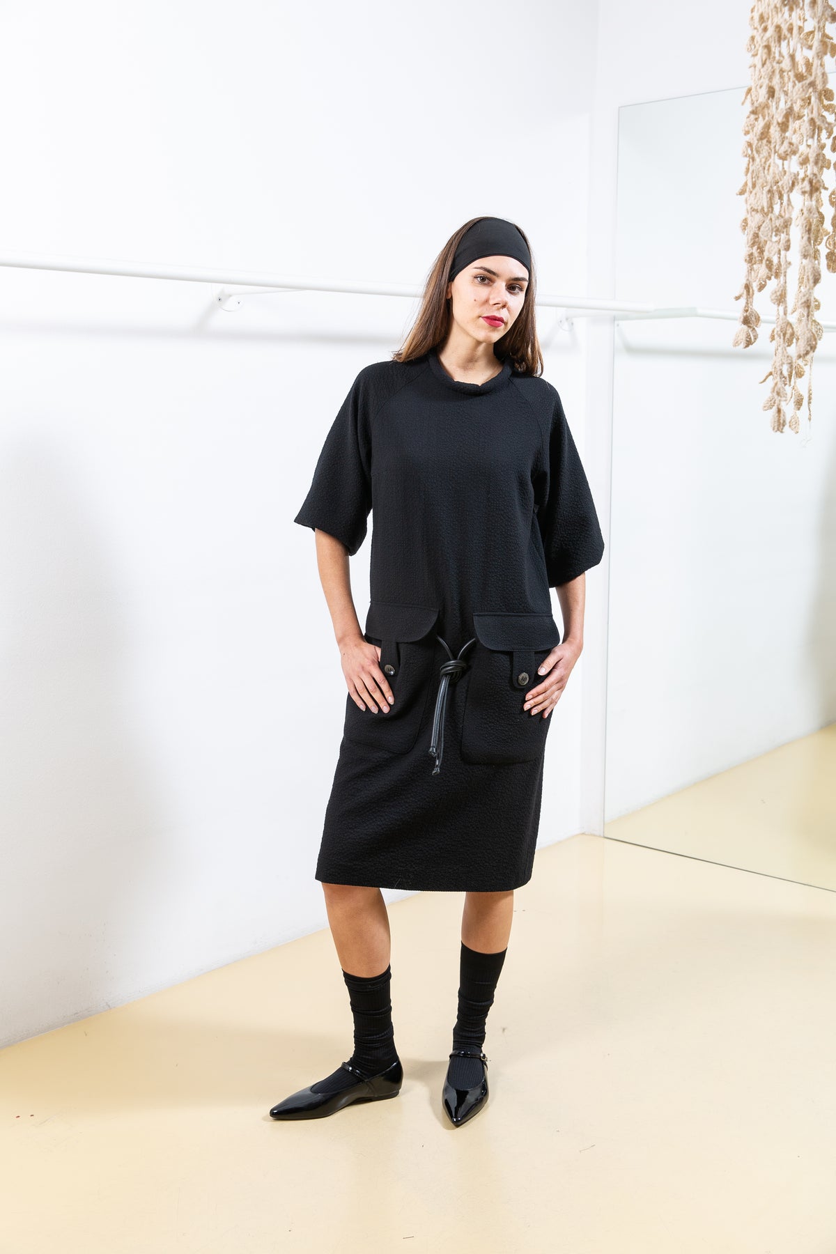 Black Textured Dress with Balloon Sleeves and Cargo Pockets