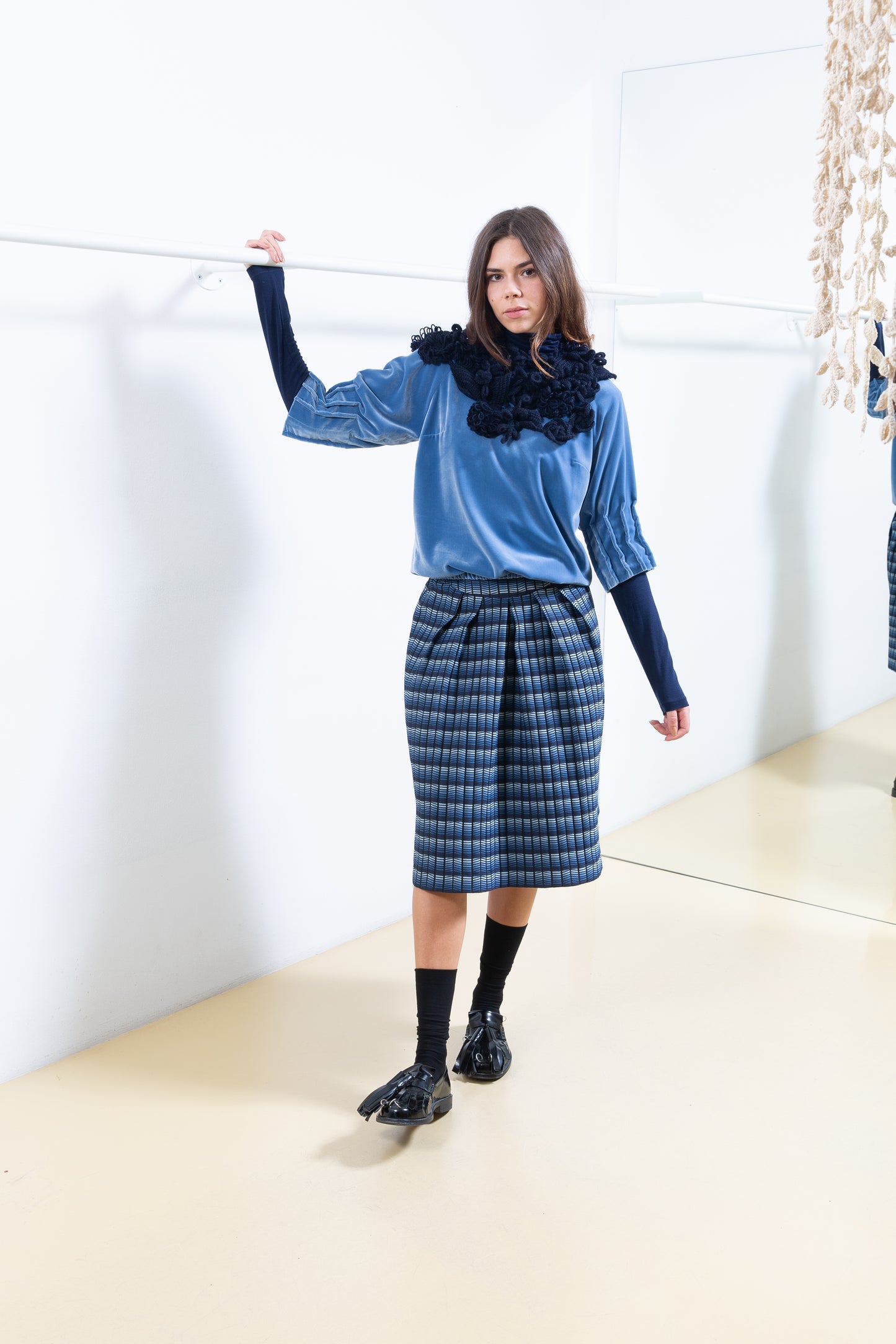Blue Velvet Shirt with Pleated Sleeves