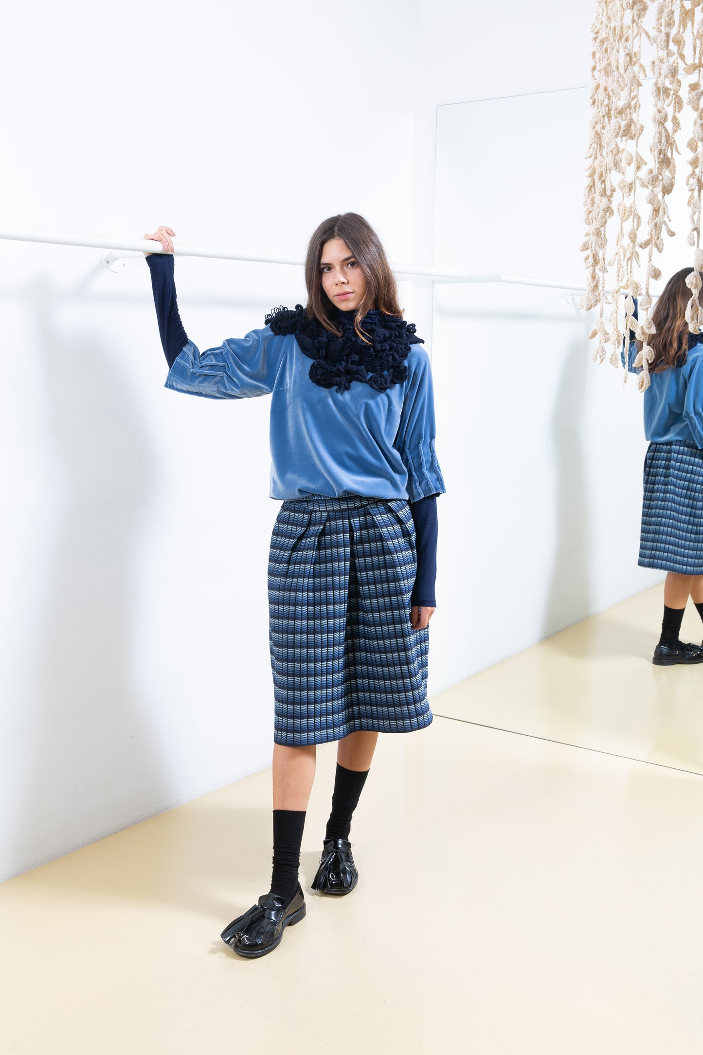 Blue Velvet Shirt with Pleated Sleeves