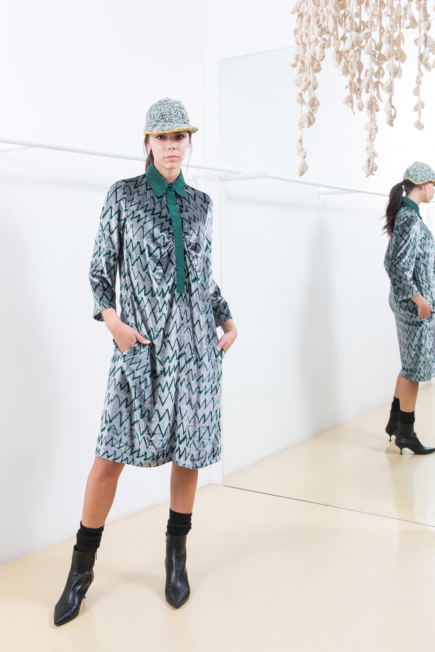 GREEN AND GREY VELVET DRESS