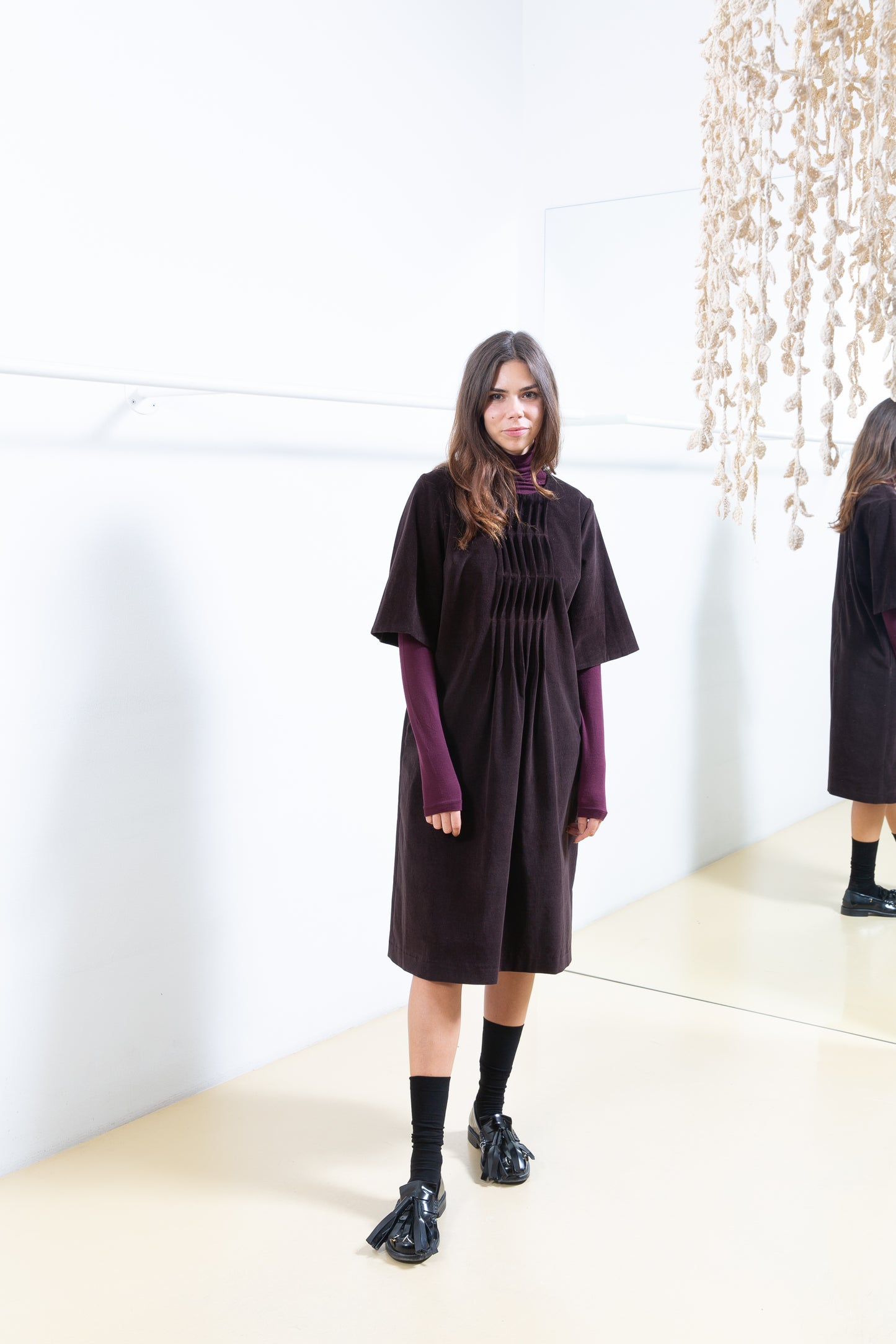 Brown Velvet Dress with Pleated Detail