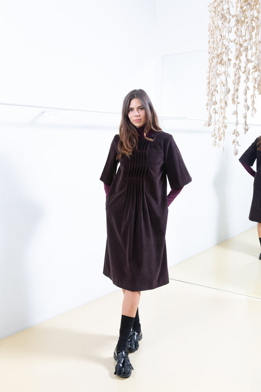 Brown Velvet Dress with Pleated Detail