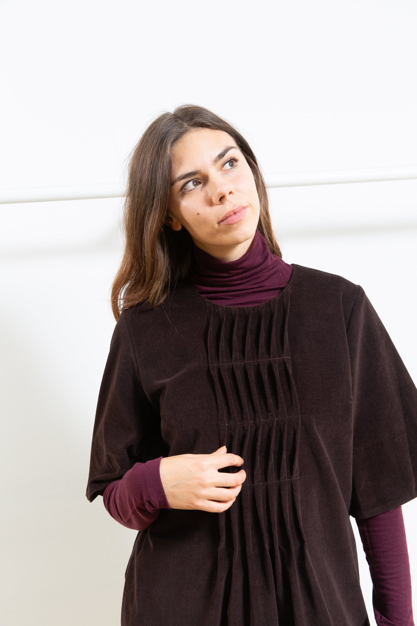 Brown Velvet Dress with Pleated Detail