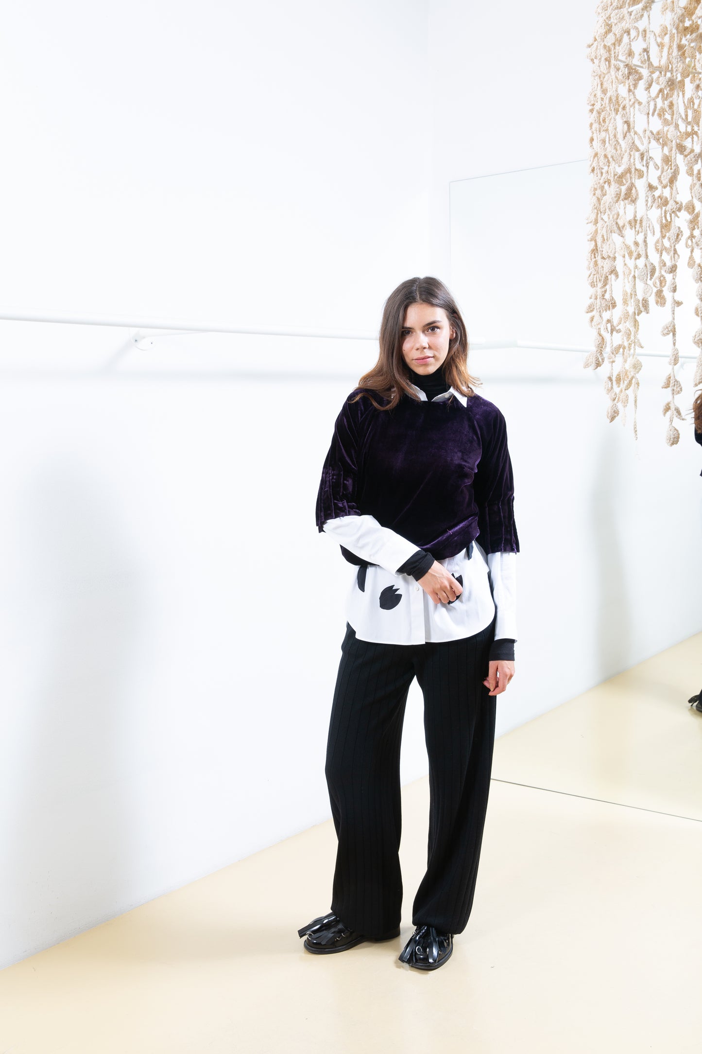 Purple Velvet Shirt with Pleated Sleeves