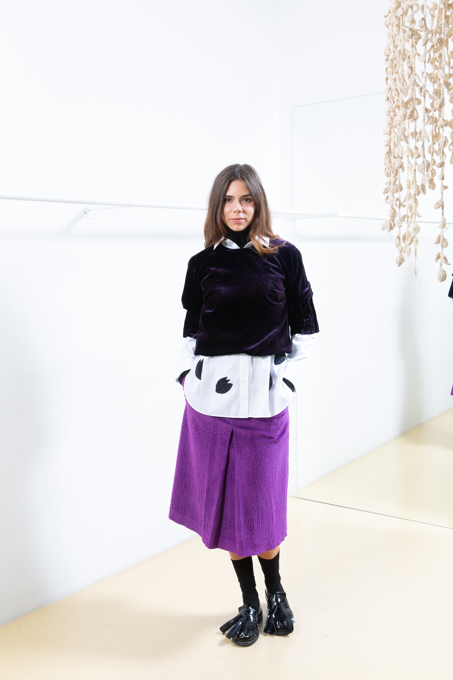 Purple Velvet Shirt with Pleated Sleeves