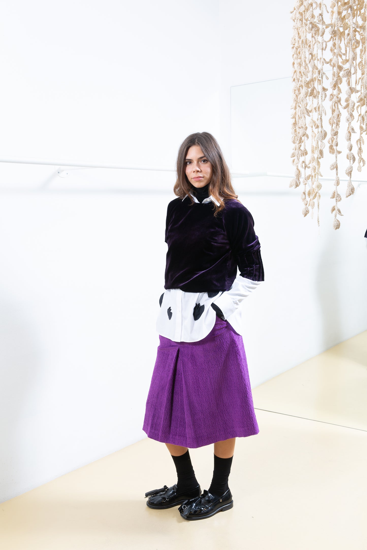Purple Velvet Shirt with Pleated Sleeves