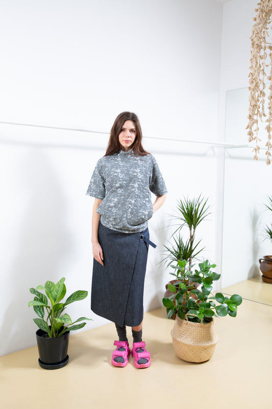 Half Pleated Denim Skirt
