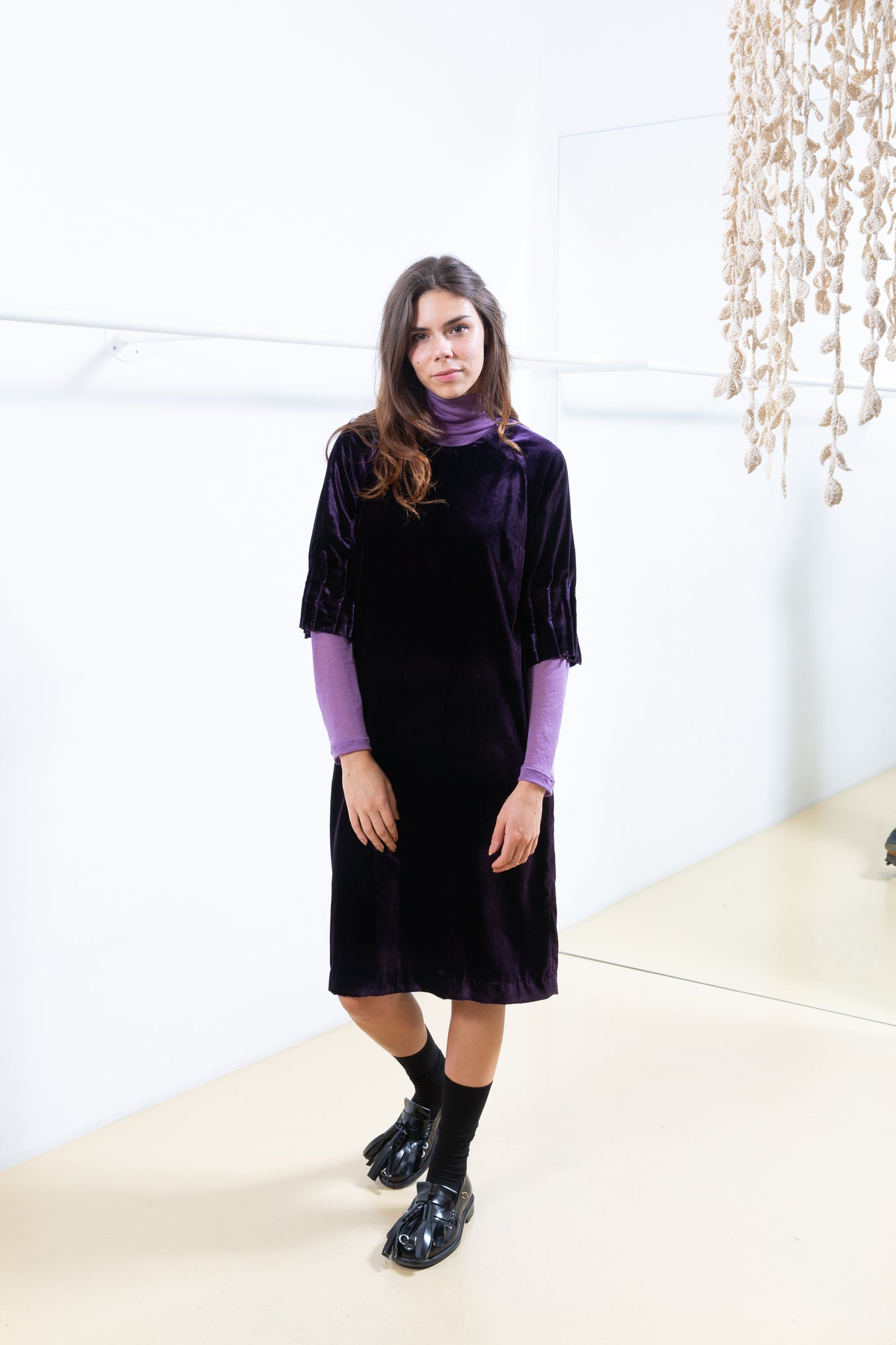 Purple Velvet Dress with Pleated Sleeves