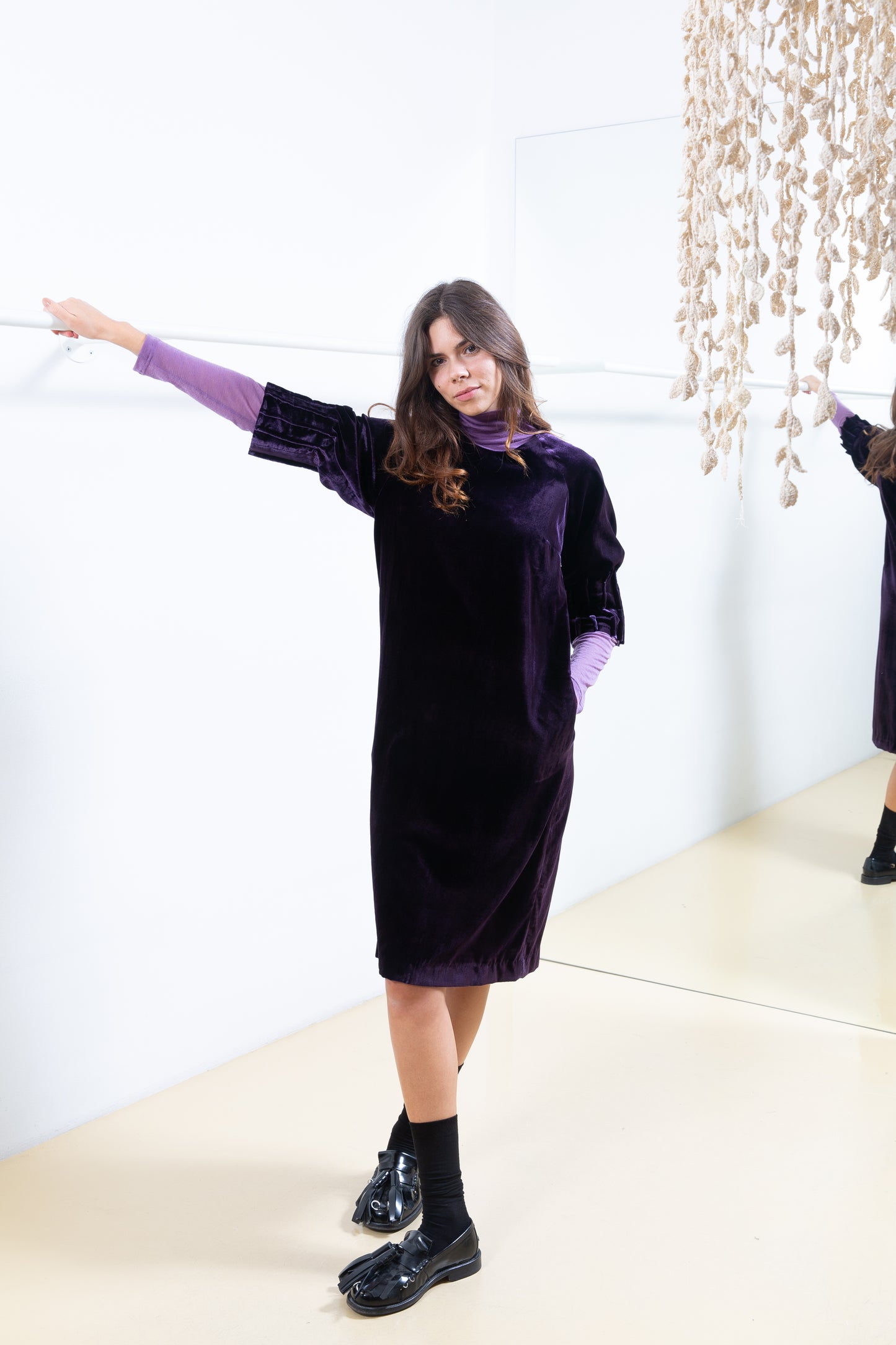 Purple Velvet Dress with Pleated Sleeves