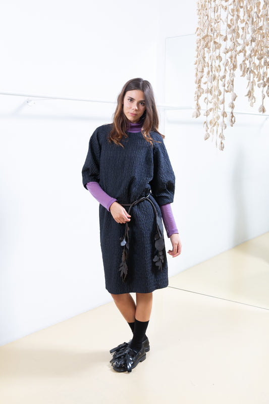 Black Textured Dress with Bubble Sleeves