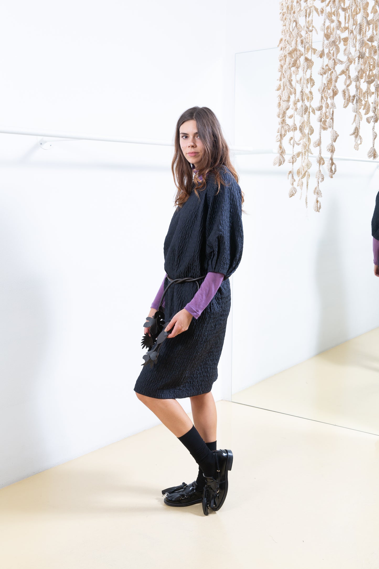 Black Textured Dress with Bubble Sleeves