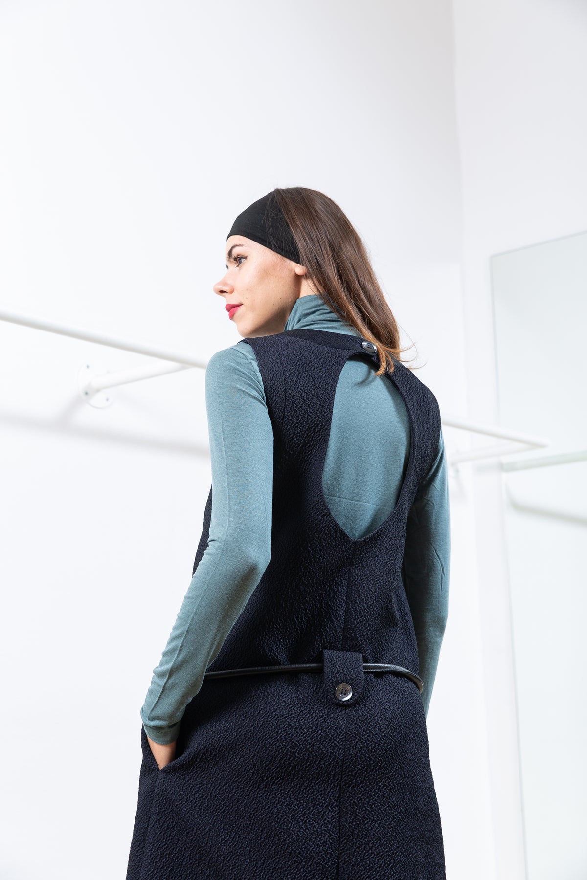 Dark Blue Textured Dress with Open Back