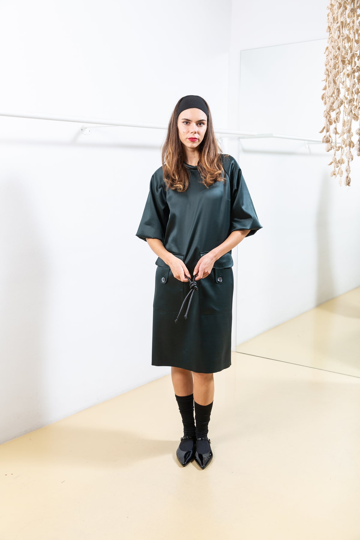 Green Dress with Balloon Sleeves and Cargo Pockets