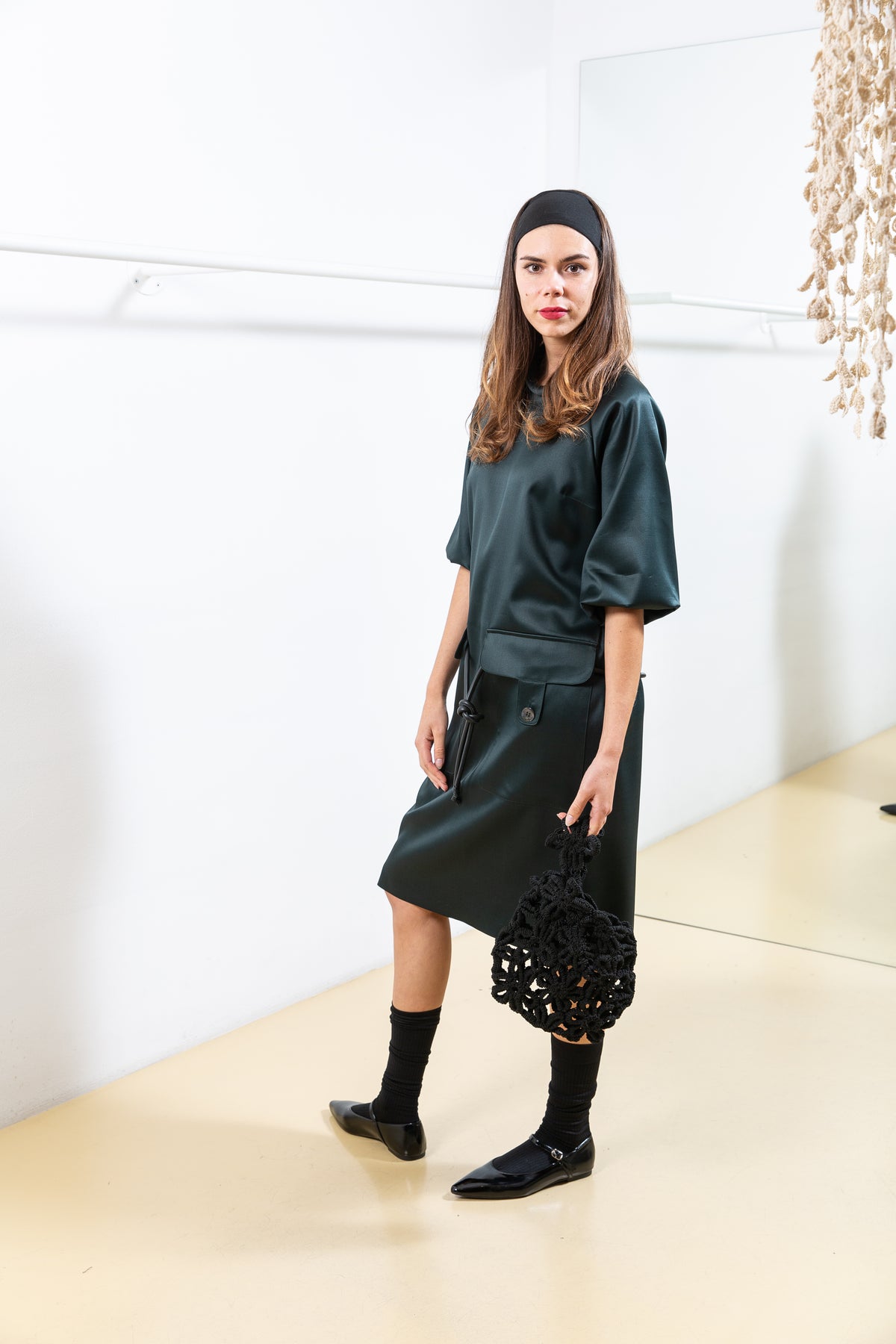 Green Dress with Balloon Sleeves and Cargo Pockets