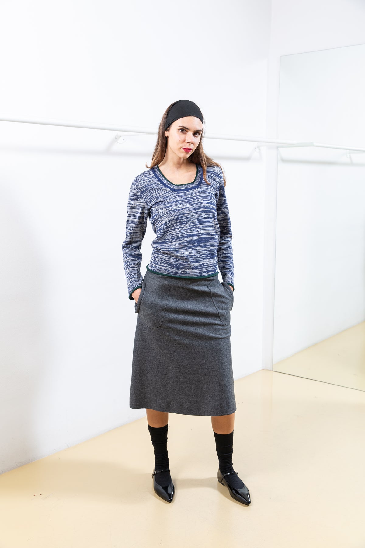 Grey and Dark Blue Pleated Skirt with Pocket Details