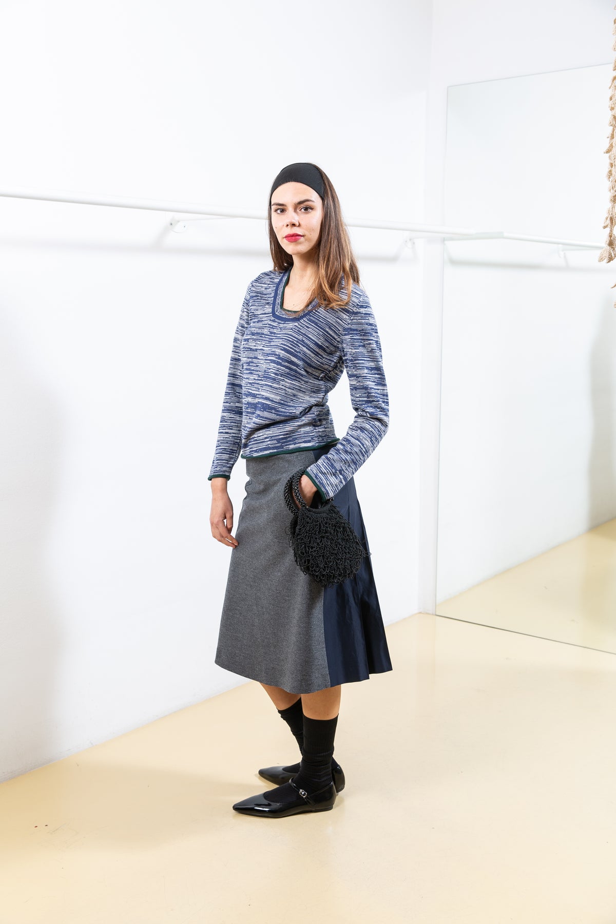 Grey and Dark Blue Pleated Skirt with Pocket Details