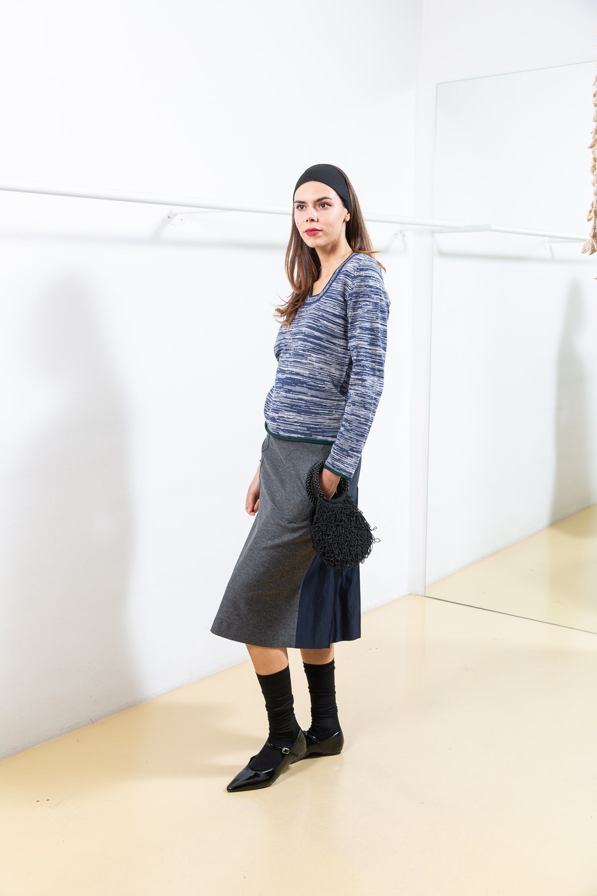 Grey and Dark Blue Pleated Skirt with Pocket Details