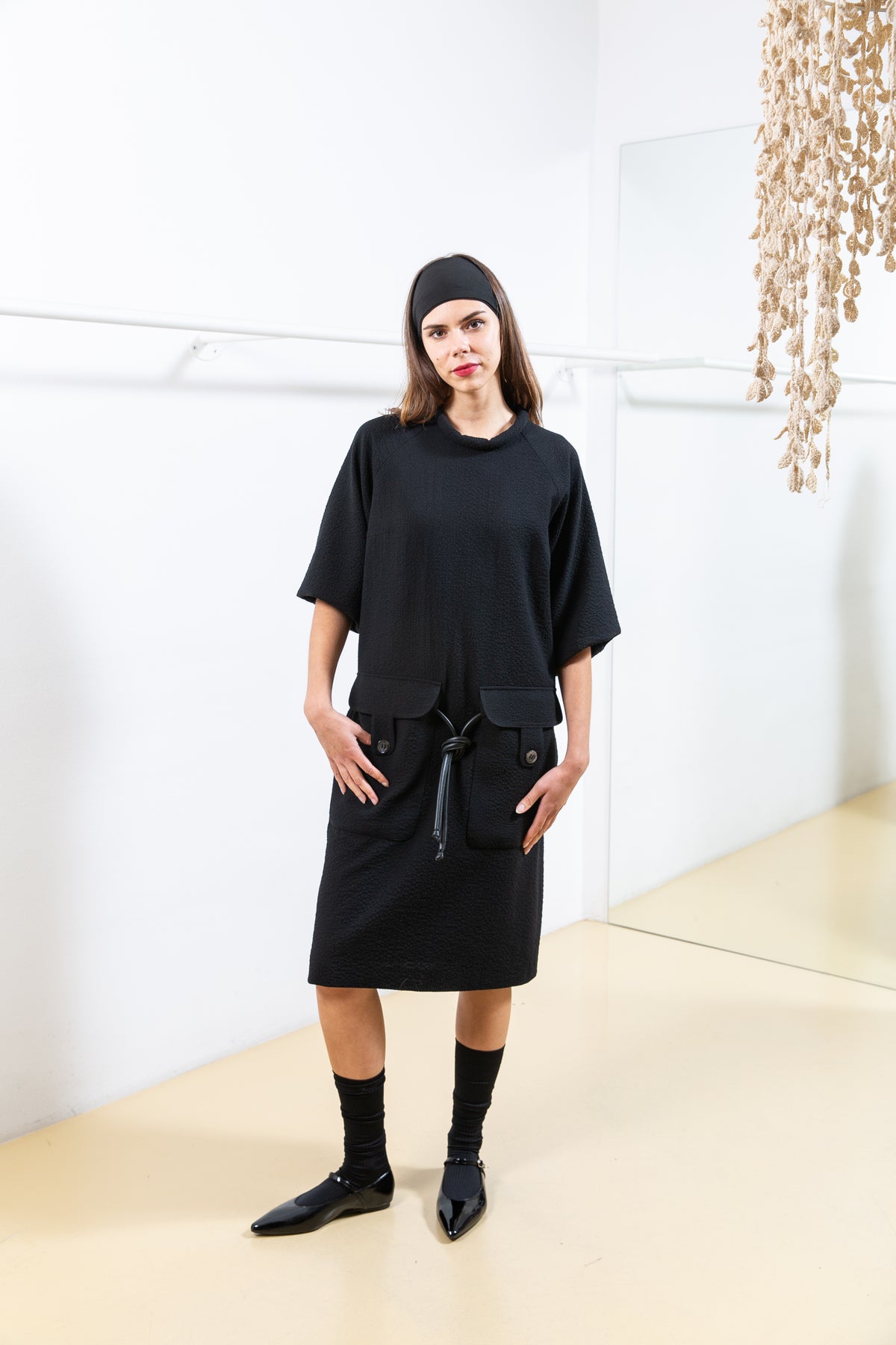 Black Textured Dress with Balloon Sleeves and Cargo Pockets