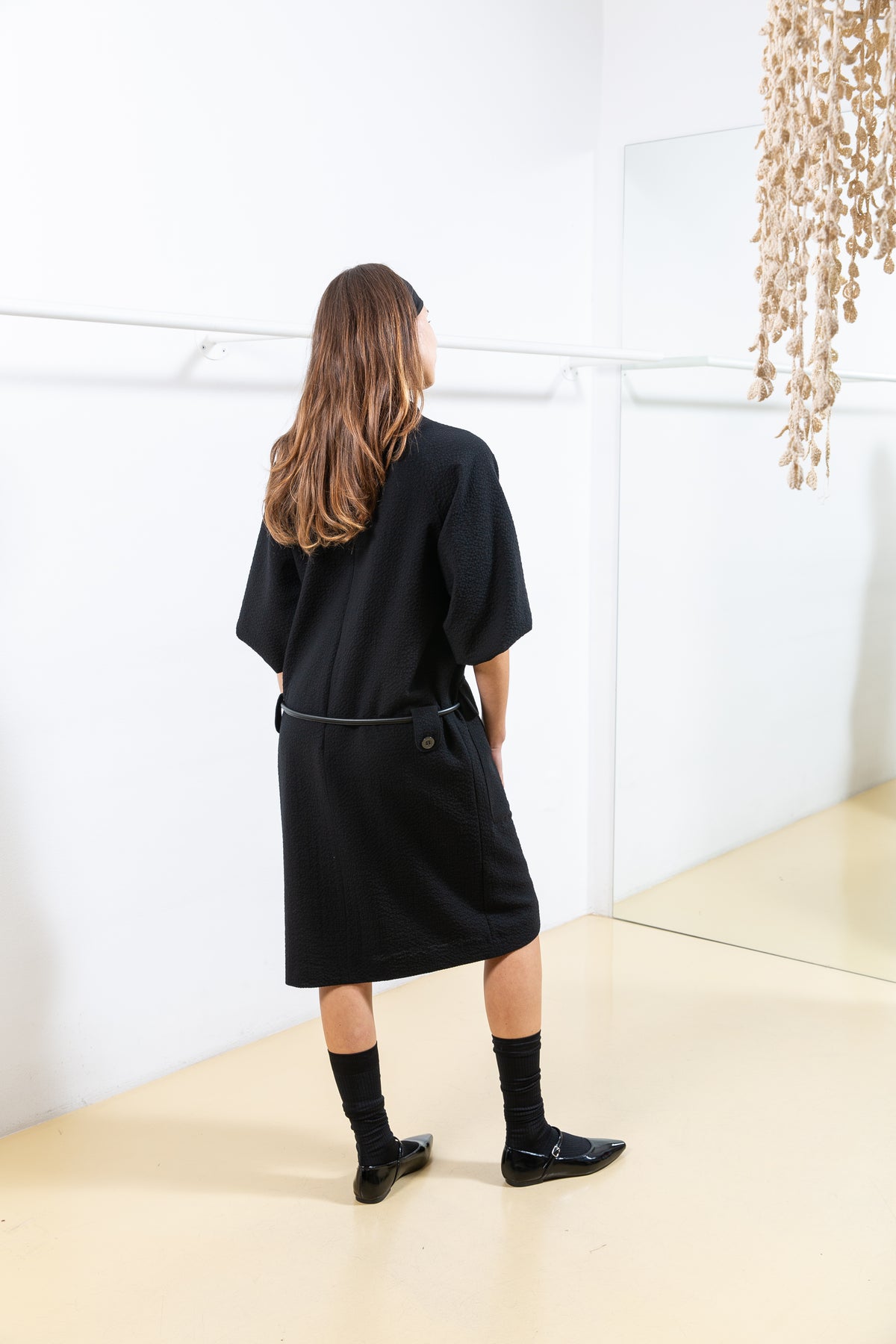 Black Textured Dress with Balloon Sleeves and Cargo Pockets